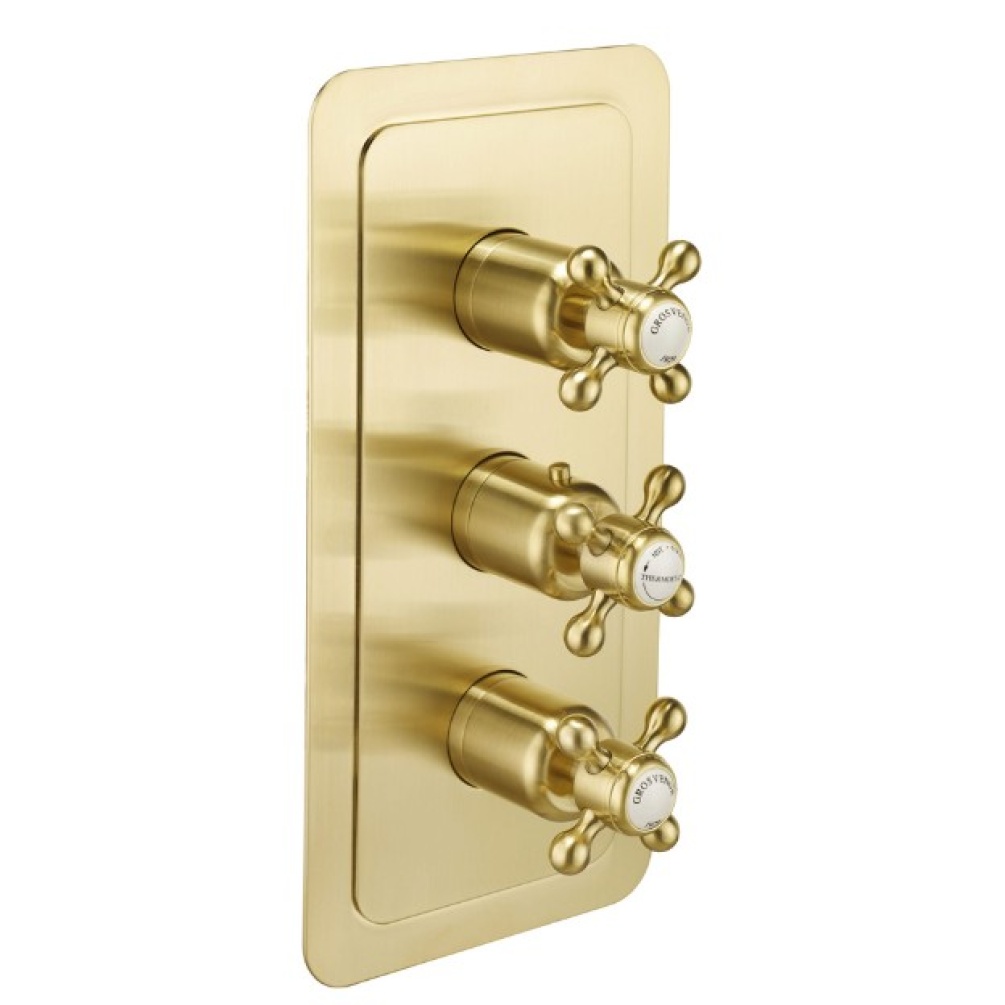 JTP Grosvenor Cross Brushed Brass 3 Handle 3 Outlet Thermostatic Shower Valve Cut Out